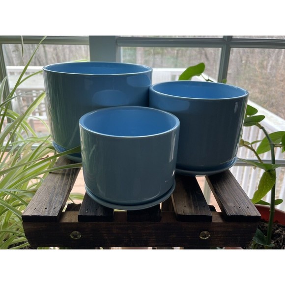 COPY - Ceramic Flower Succulent Planter Pots w/ Attached Saucer, Set of 3, Blue - Picture 1 of 10
